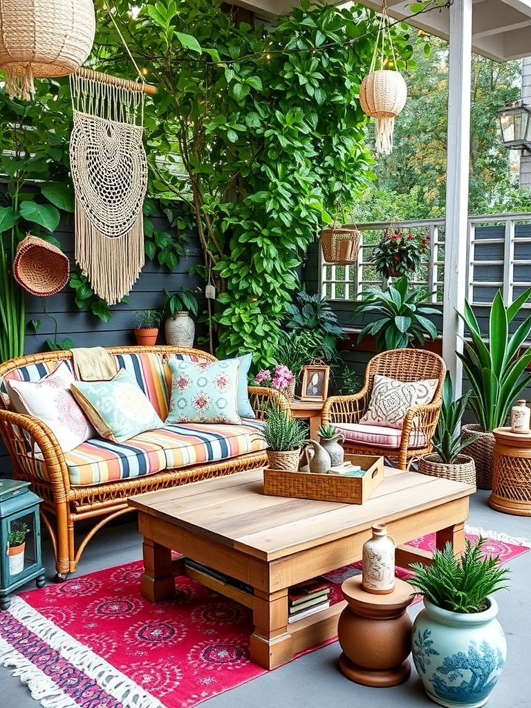 A boho outdoor patio with mixed furniture styles, colorful cushions, and plants.