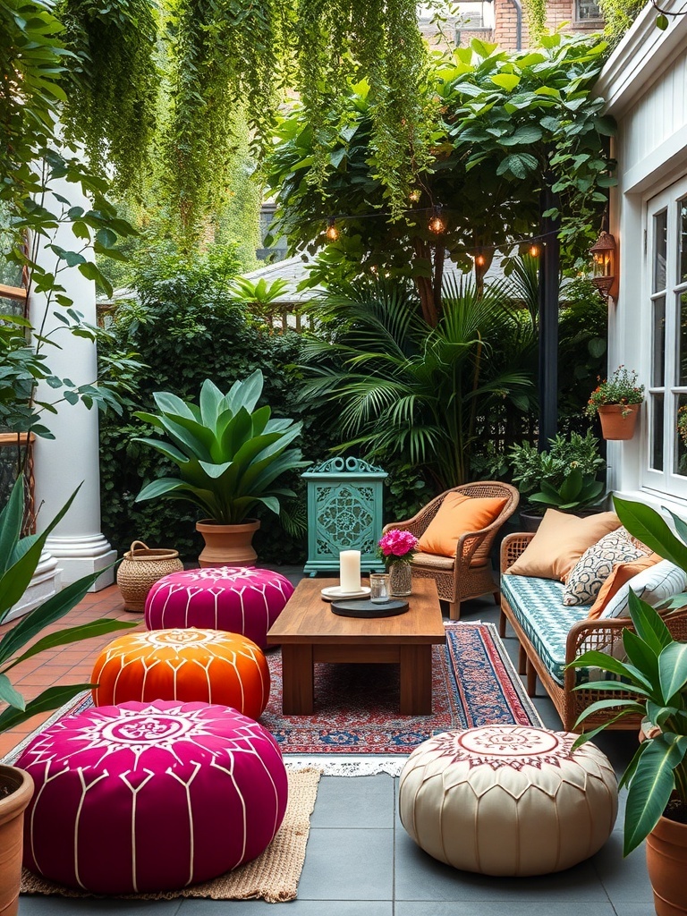 Colorful Moroccan poufs and ottomans on an outdoor patio surrounded by plants.