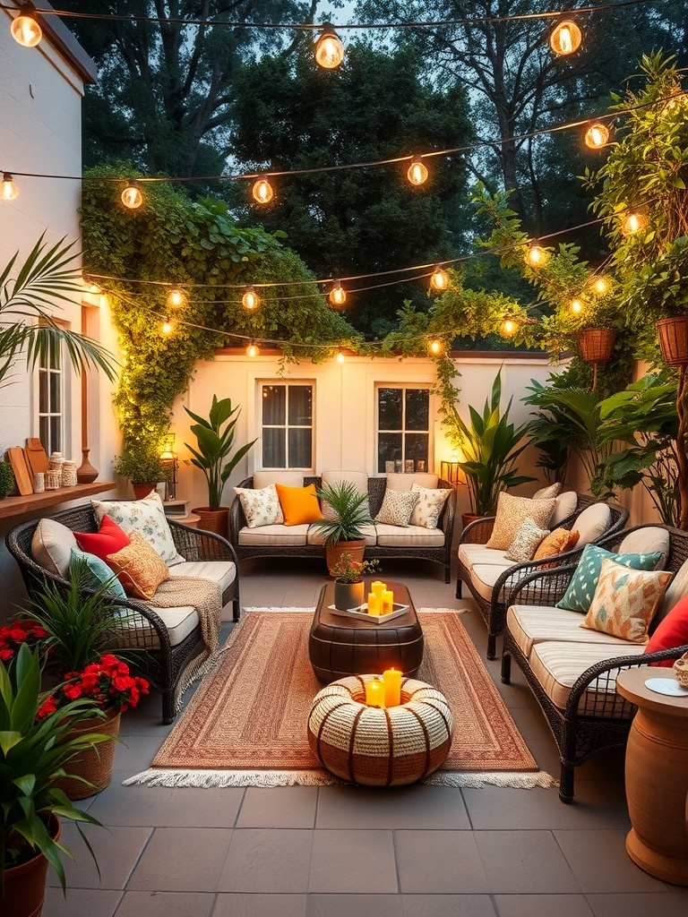 Cozy outdoor patio with string lights, plants, and comfortable seating.