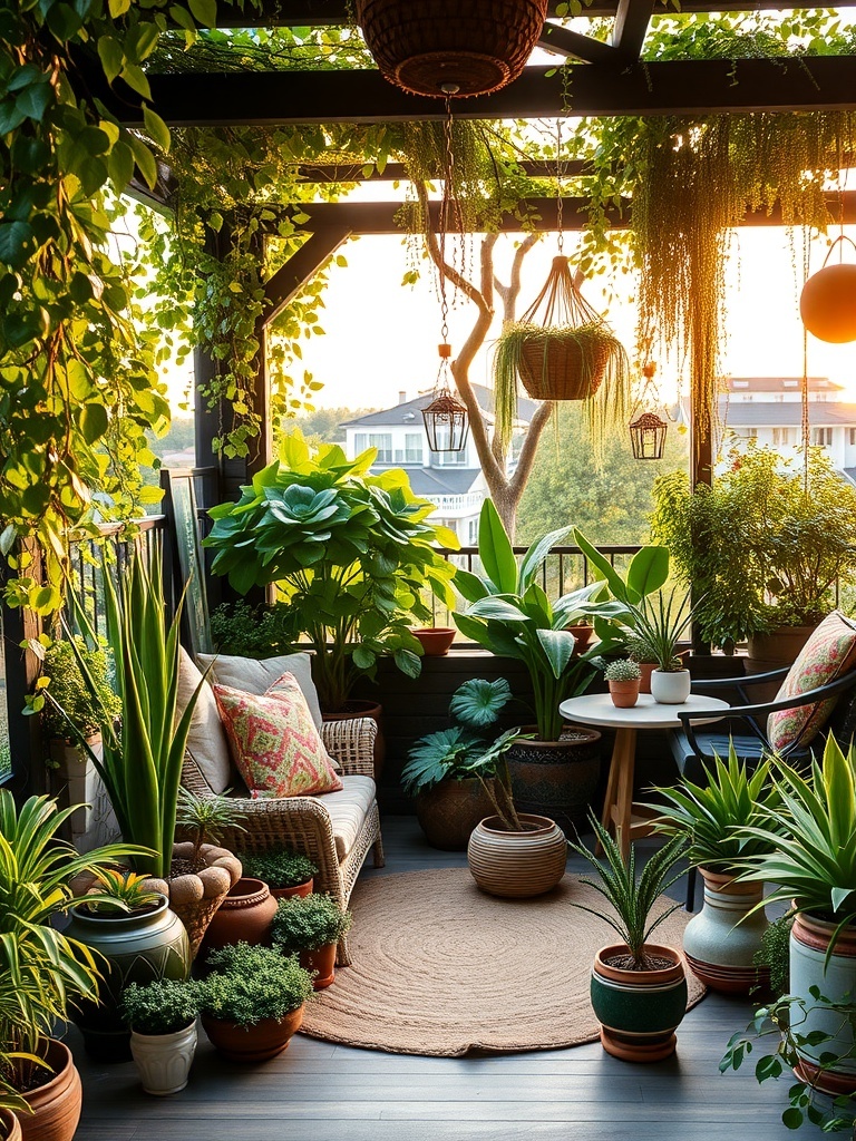 A cozy outdoor patio filled with various potted plants and greenery, showcasing a warm and inviting atmosphere.