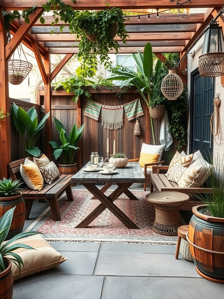 A cozy boho outdoor patio featuring rustic wooden furniture, plants, and decorative elements.