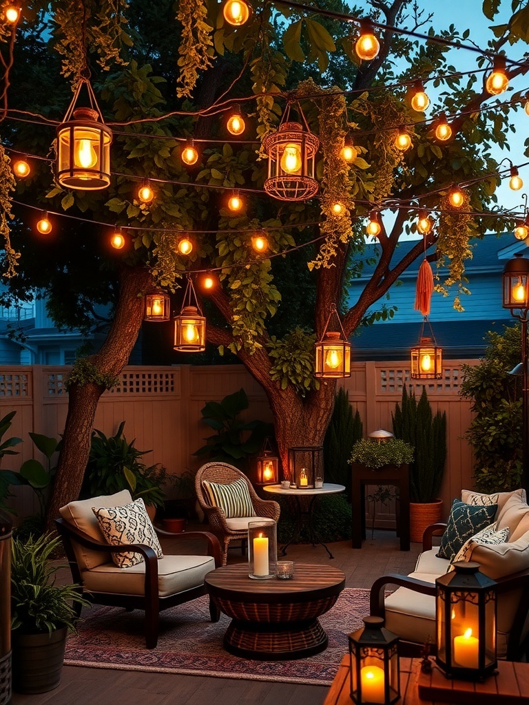 A beautifully lit outdoor patio with string lights and lanterns creating a warm atmosphere.