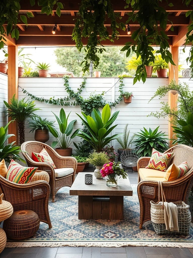 A cozy outdoor patio featuring wicker and rattan furniture surrounded by lush greenery.