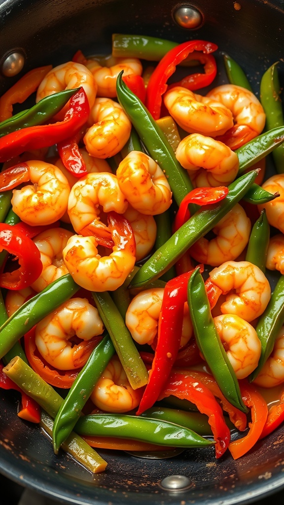 A colorful shrimp stir-fry with green beans and bell peppers in a skillet.