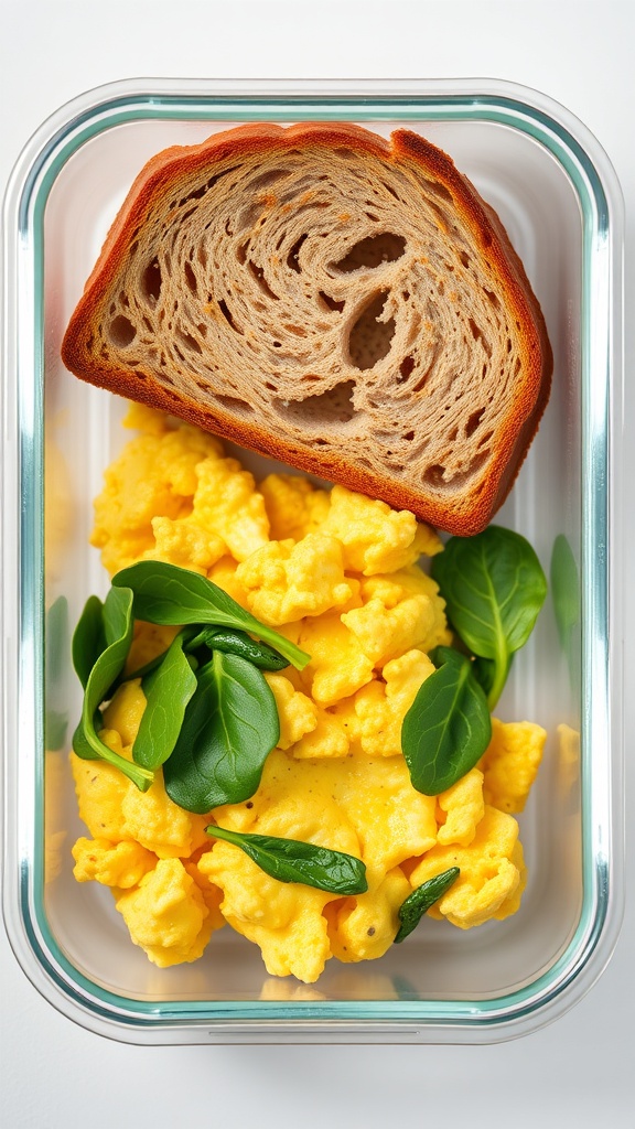 A meal prep container with scrambled eggs, fresh spinach, and a slice of whole grain bread.
