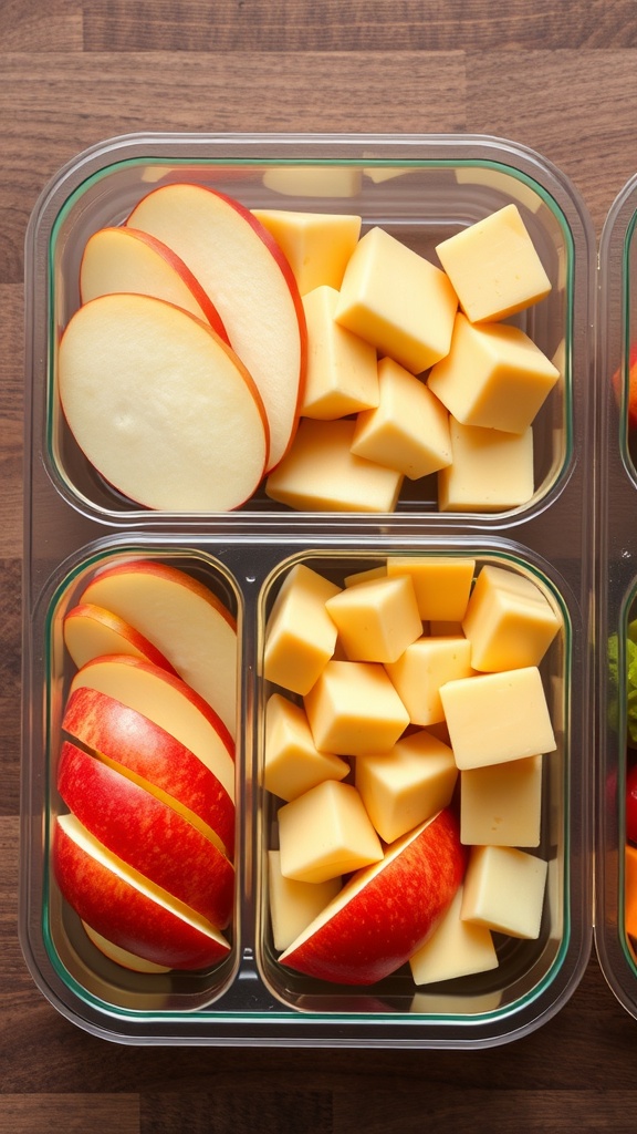 Apple slices and cheese cubes arranged in a snack container