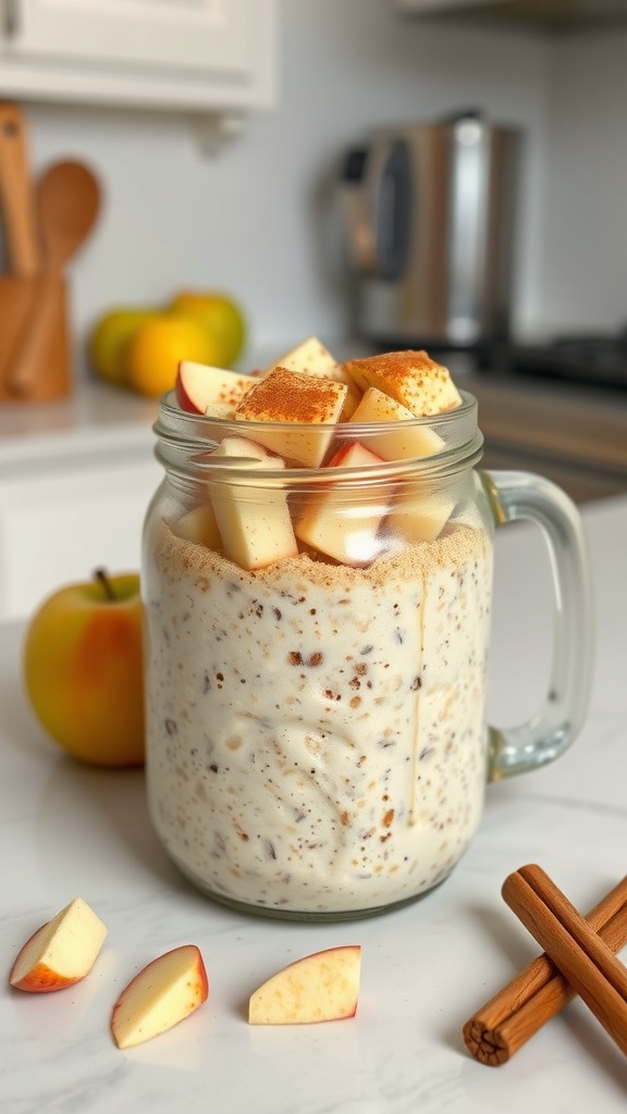 A jar of apple cinnamon overnight oats topped with chopped apples and cinnamon, with an apple and cinnamon sticks in the background.
