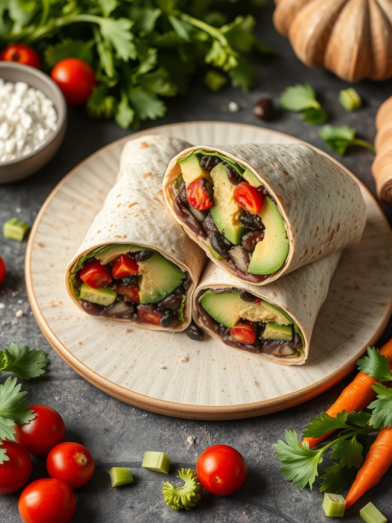 Avocado and black bean wraps on a plate with fresh vegetables
