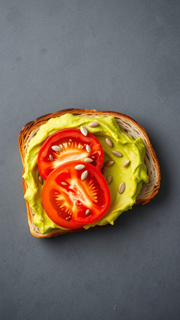 A slice of toast topped with mashed avocado and tomato slices.
