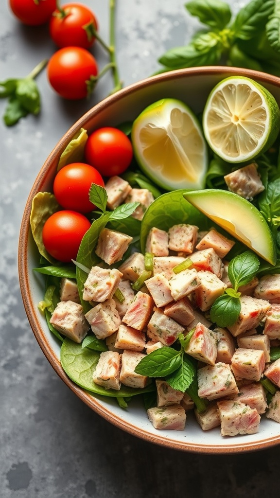 A bowl of avocado and tuna salad with cherry tomatoes and lime.
