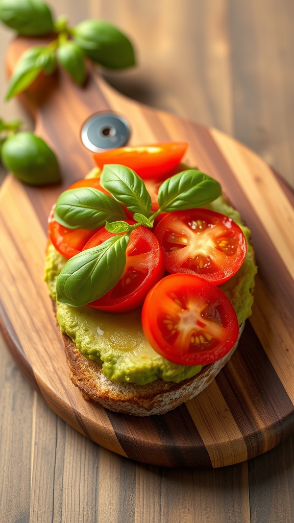 A slice of avocado toast topped with sliced tomatoes and fresh basil on a wooden cutting board.