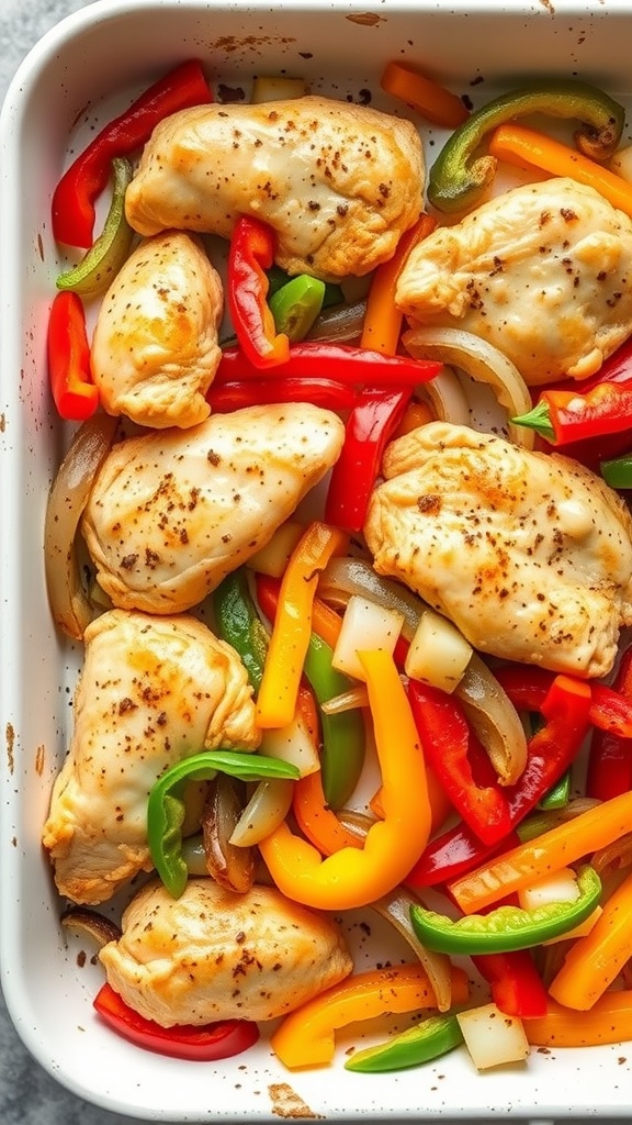 A dish of baked chicken fajitas with colorful bell peppers and onions.