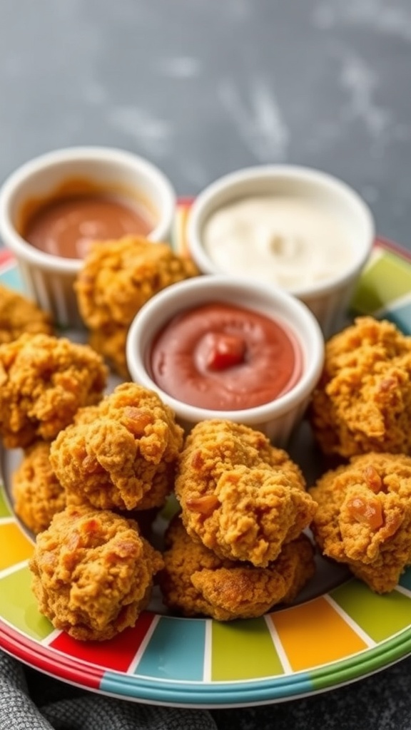 A colorful plate of baked chicken nuggets with dipping sauces