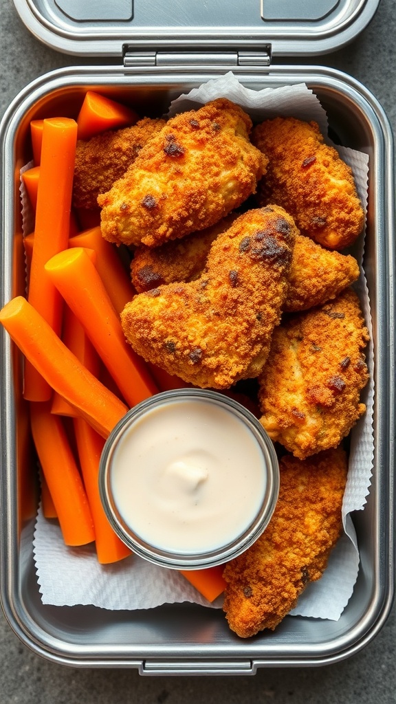 A lunchbox containing baked chicken tenders, carrot sticks, and a small cup of dipping sauce.