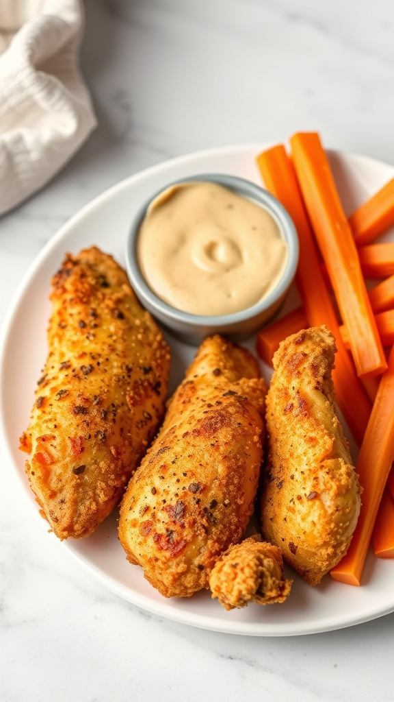 Baked chicken tenders with honey mustard dip and carrot sticks on a plate.