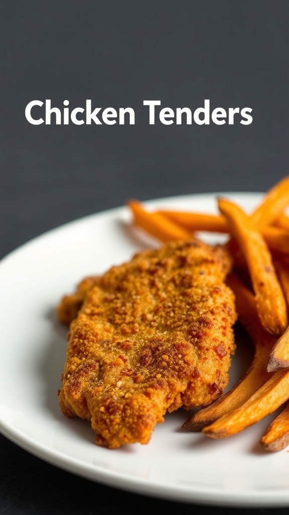 Baked chicken tenders with sweet potato fries on a plate.