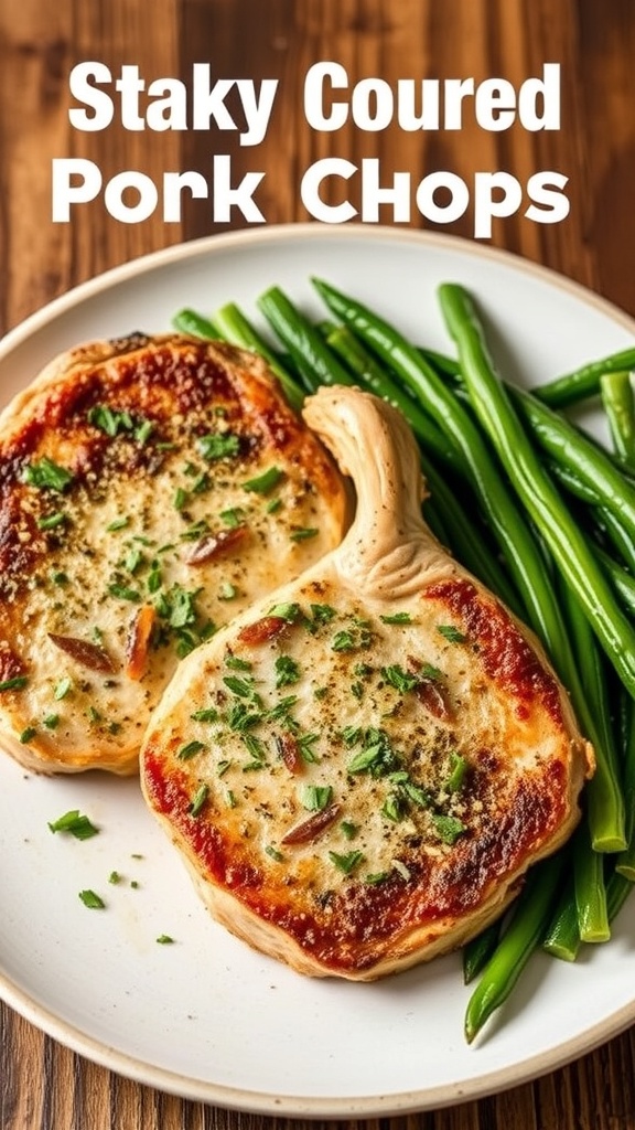 Baked herb-crusted pork chops served with green beans on a plate.