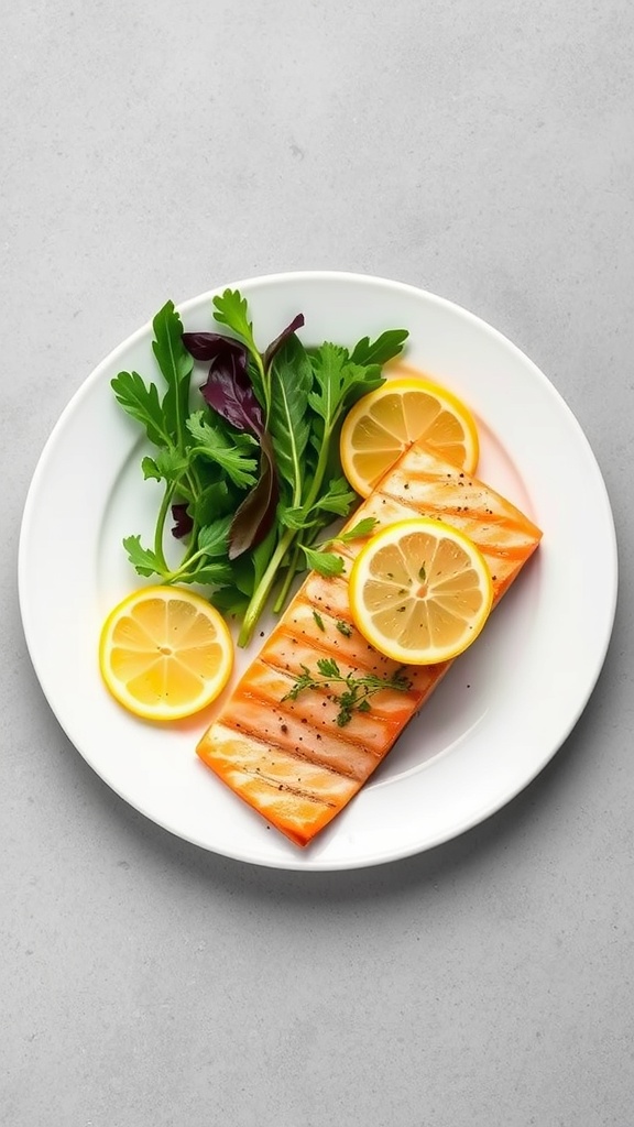 A plate of baked honey mustard salmon with lemon slices and fresh greens.