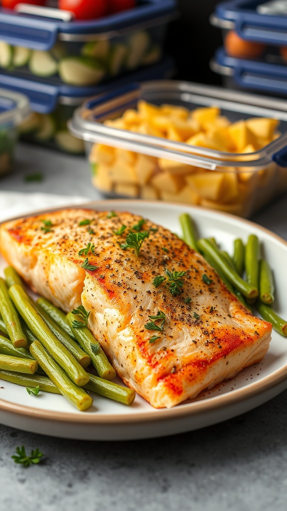 Baked lemon garlic salmon served with green beans and meal prep containers in the background.