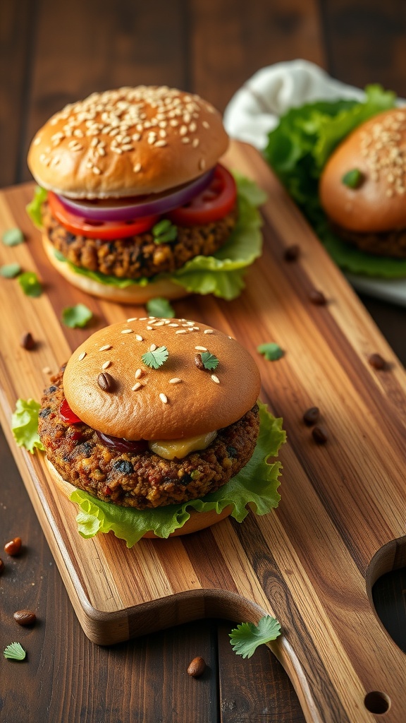 Delicious baked lentil burgers with fresh toppings on a wooden cutting board.
