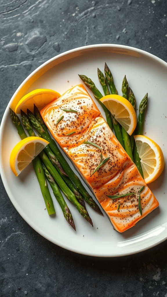 Baked salmon fillet with asparagus and lemon slices on a white plate