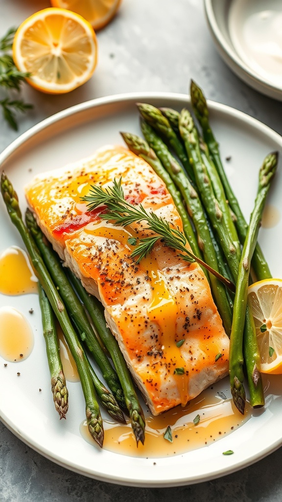 Baked salmon fillet served with asparagus and lemon slices