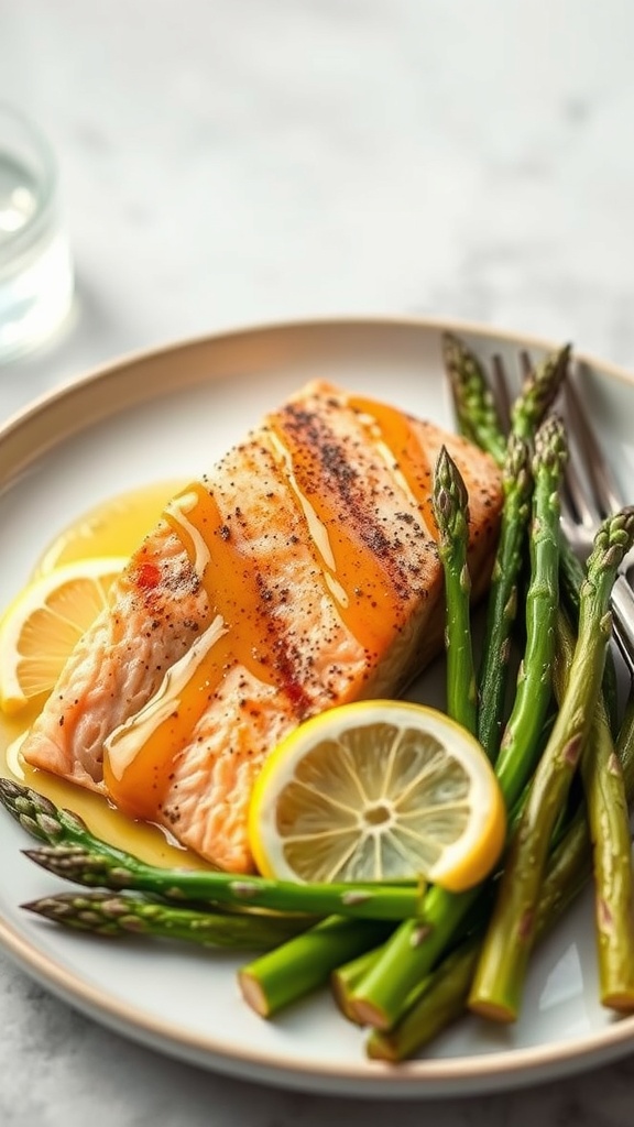 Baked salmon fillet with asparagus and lemon slices on a plate
