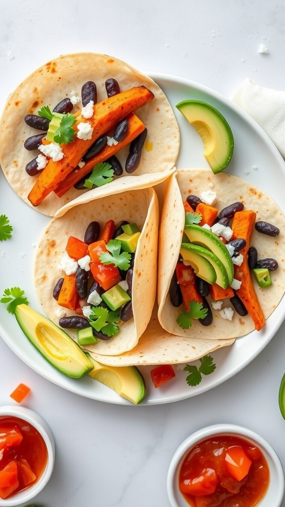 Baked sweet potato and black bean tacos served with fresh toppings