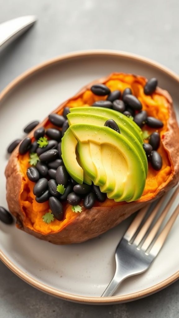 Baked sweet potato topped with black beans and avocado slices on a plate.