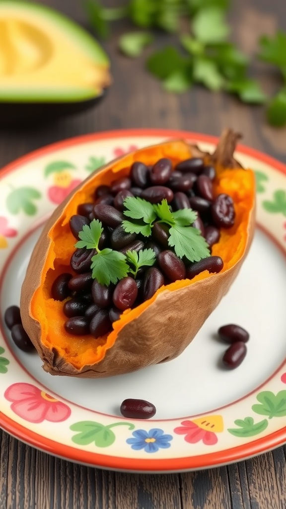 Baked sweet potato filled with black beans and garnished with cilantro on a colorful plate.