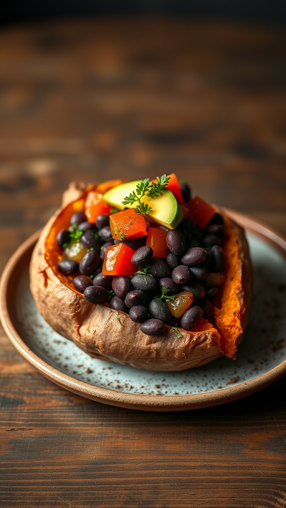 Baked sweet potato topped with black beans, diced tomatoes, and herbs on a plate.