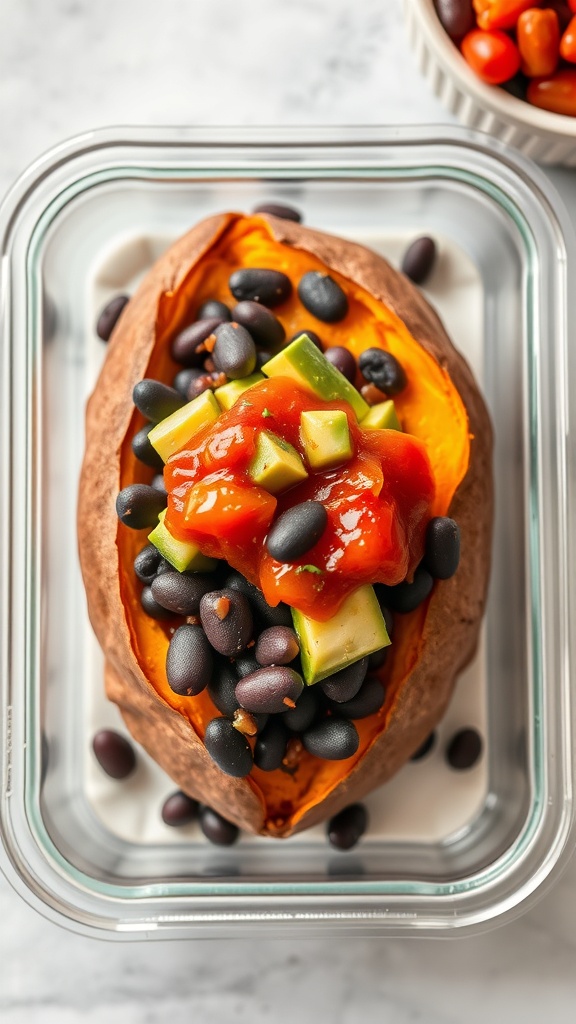 Baked sweet potato topped with black beans, avocado, and salsa in a glass container.
