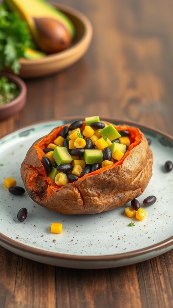 Baked sweet potato filled with black beans and colorful vegetables on a plate