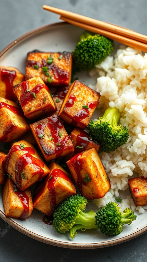 A plate of baked tofu with teriyaki glaze, served with broccoli and rice, garnished with green onions.
