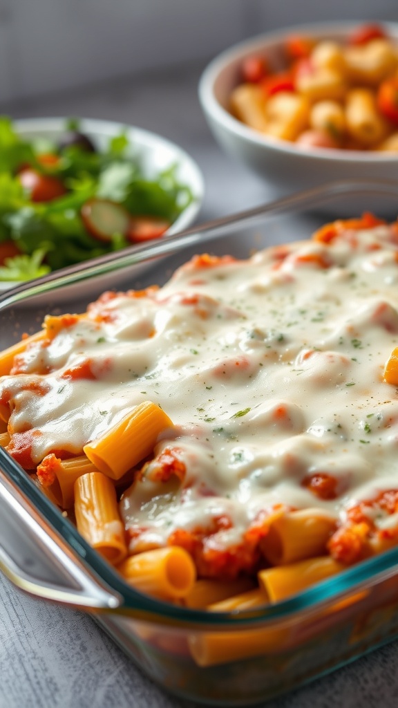 A delicious baked ziti with melted mozzarella cheese, served with a fresh salad.