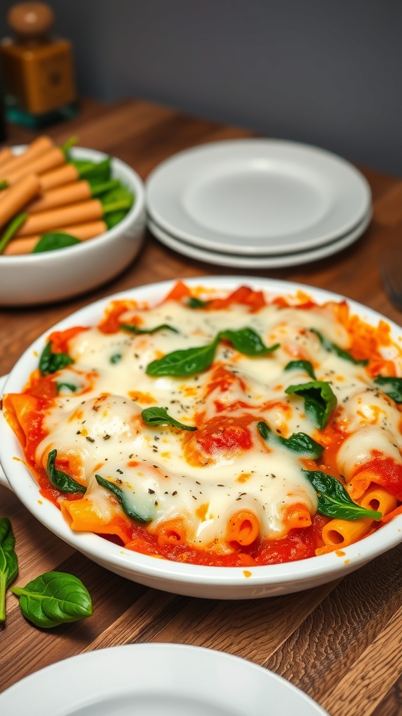 A delicious baked ziti with spinach and cheese in a white casserole dish, surrounded by fresh spinach and pasta.