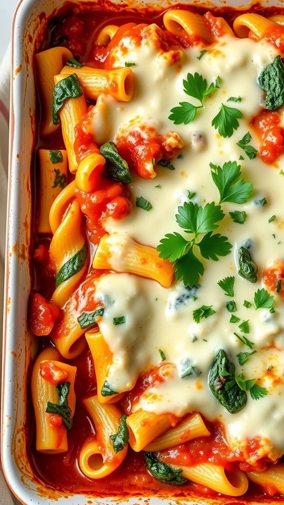 A delicious baked ziti with spinach and ricotta, topped with melted cheese and garnished with parsley.