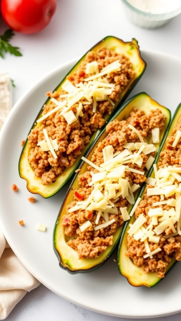 Baked zucchini boats filled with ground turkey and topped with cheese