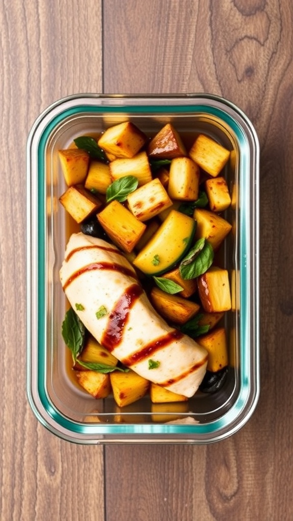Meal prep container with balsamic chicken and roasted vegetables