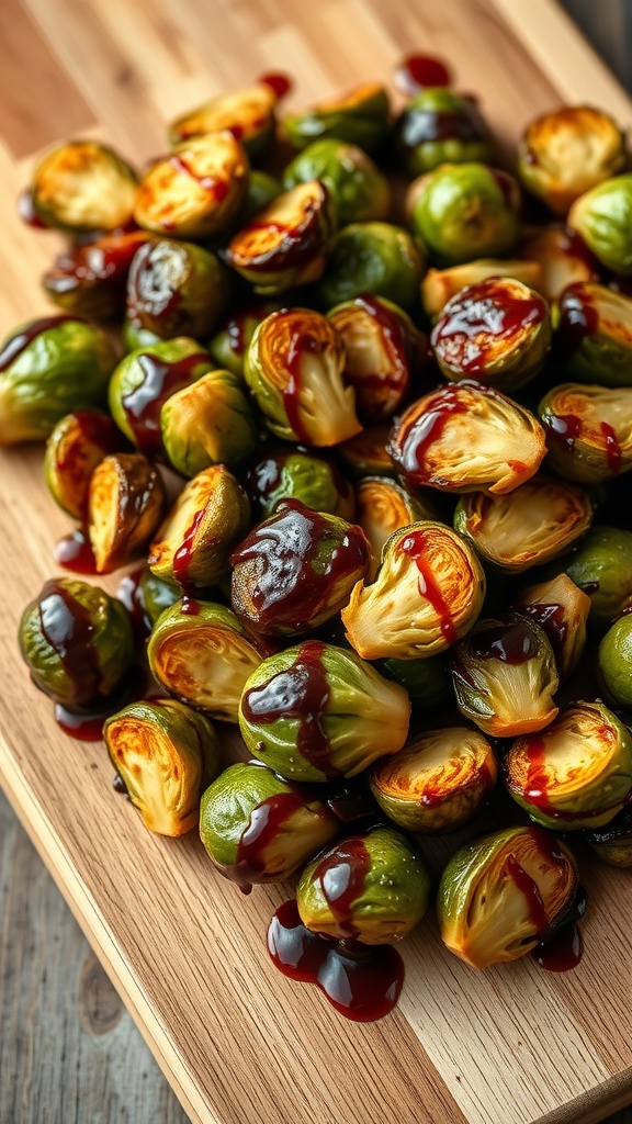 Balsamic glazed Brussels sprouts on a wooden cutting board.