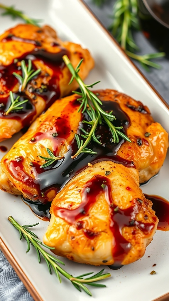 Balsamic glazed chicken thighs garnished with rosemary on a plate.