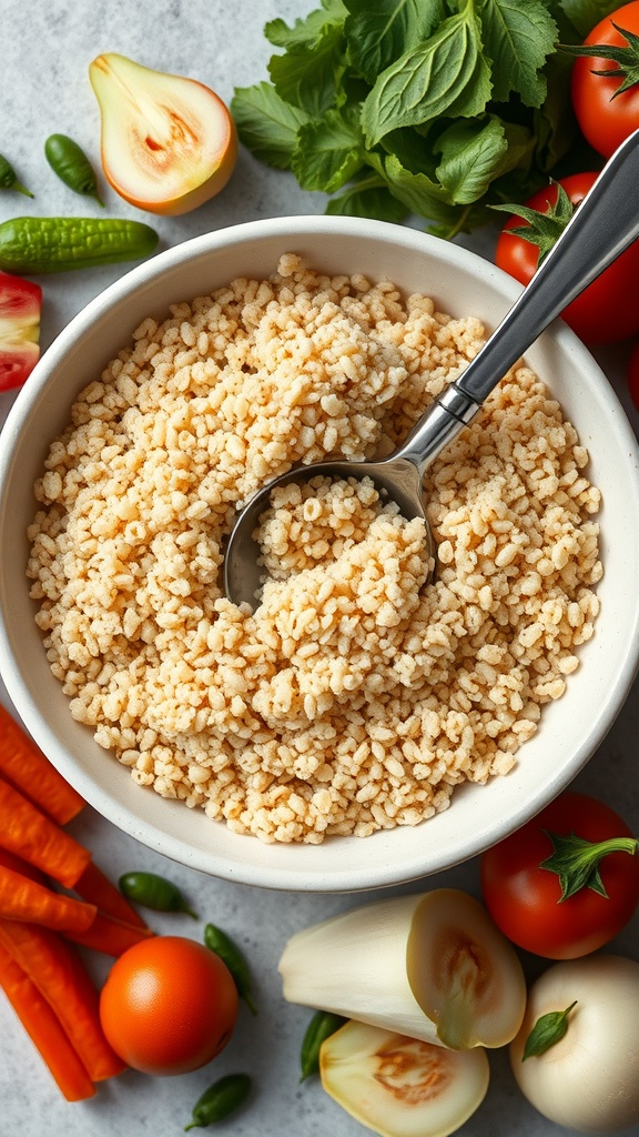 A bowl of cooked quinoa surrounded by fresh vegetables.