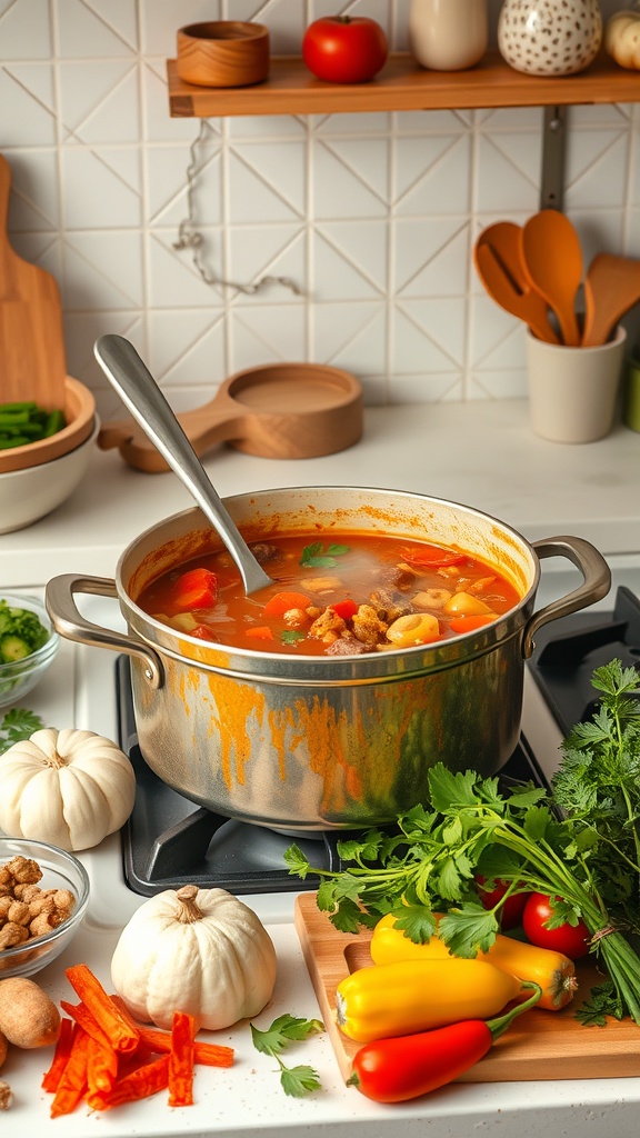 A pot of vegetable soup on the stove, surrounded by fresh ingredients like peppers, garlic, and herbs.