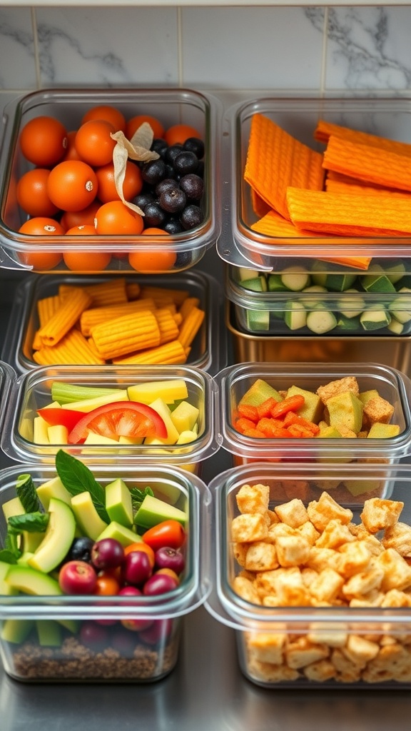 Colorful fruits and vegetables organized in clear containers for meal prep.