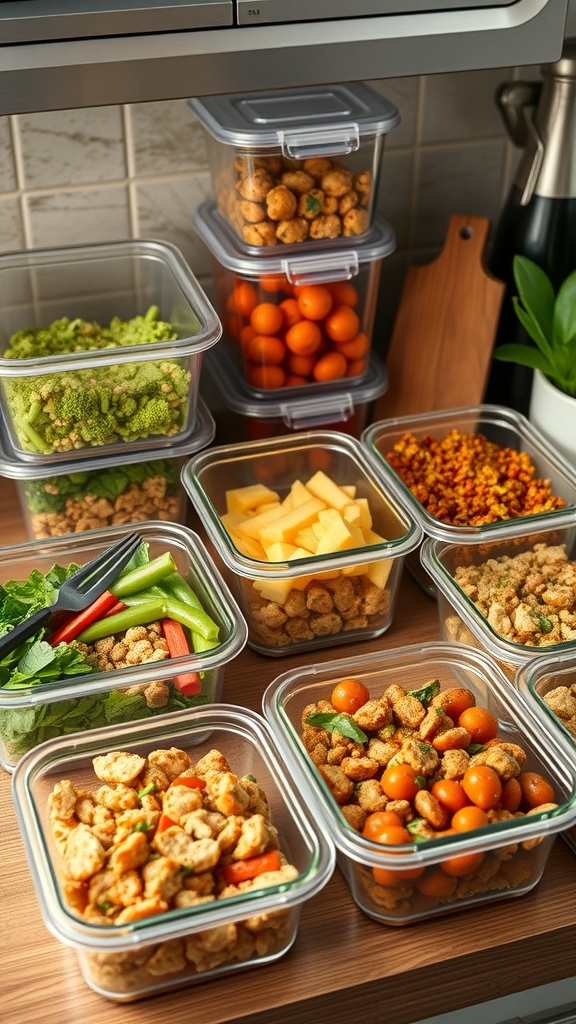 Organized meal prep containers with colorful vegetables and proteins for healthy eating.