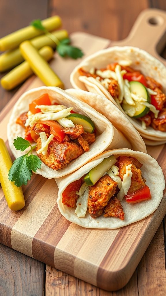 BBQ chicken wraps with coleslaw on a wooden cutting board