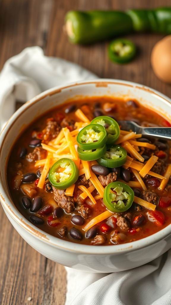 A bowl of beef and black bean chili topped with jalapeños and cheese.