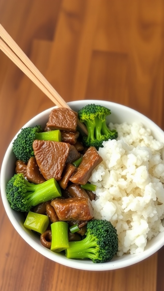 A bowl of beef and broccoli stir-fry with rice, served with chopsticks.