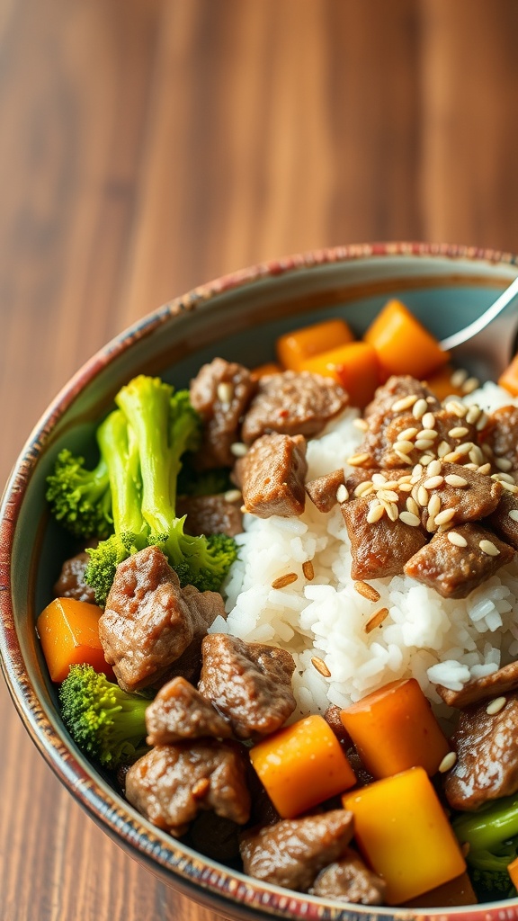 A bowl of beef and broccoli stir-fry with rice, featuring colorful vegetables and sesame seeds.