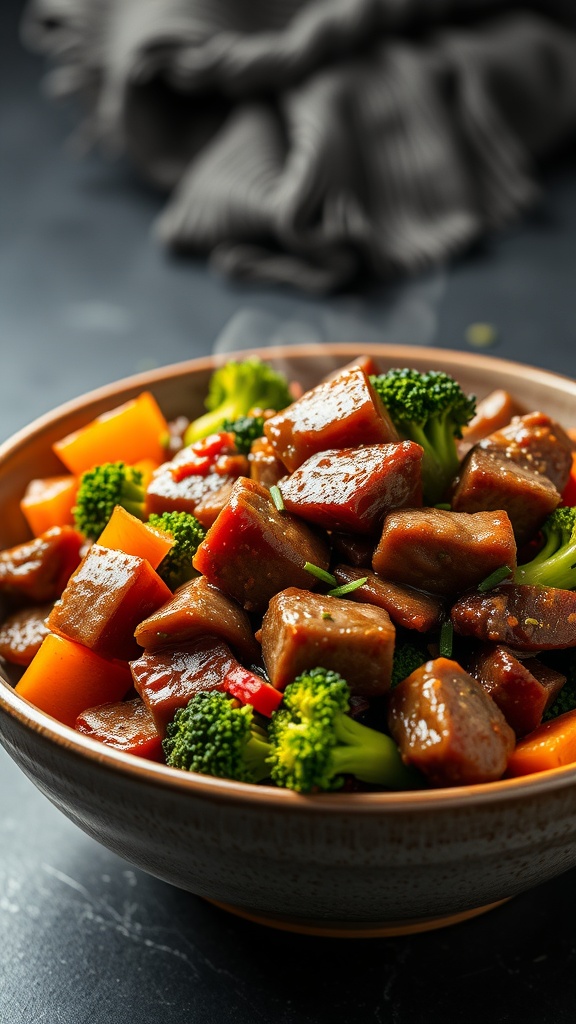 A bowl of beef and broccoli stir-fry with colorful vegetables